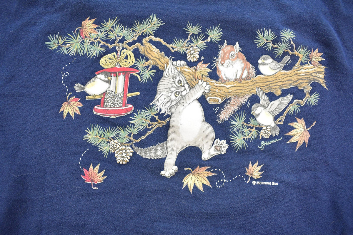 Vintage 1990s Morning Sun Cute Cat and Squirrel Graphic Crewneck Sweatshirt Women's L