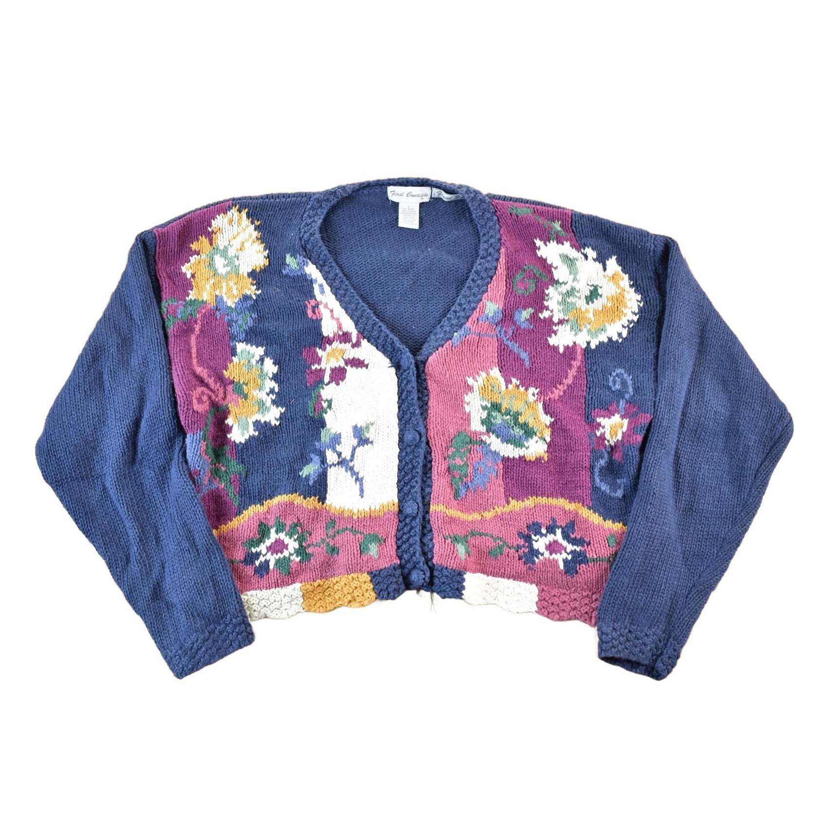 Vintage 1990s First Concepts Hand Knit Floral Pattern Cardigan Womens L