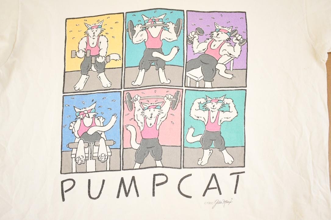 Vintage 90s Pump Cat Workout T-Shirt, Women's L, Made in USA
