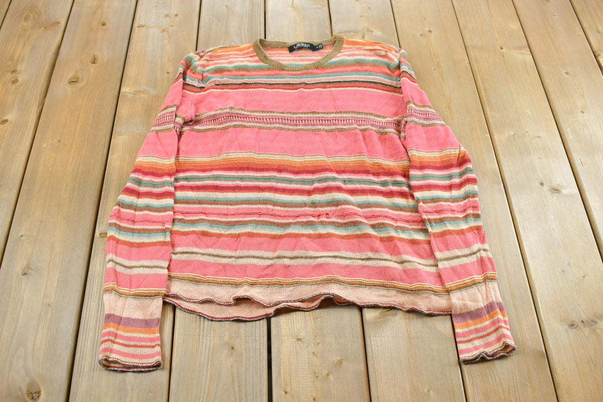 Vintage 2000s Lauren Ralph Lauren Striped Knit V-Neck Sweater Women's M / Pullover Sweatshirt / Pattern Sweater