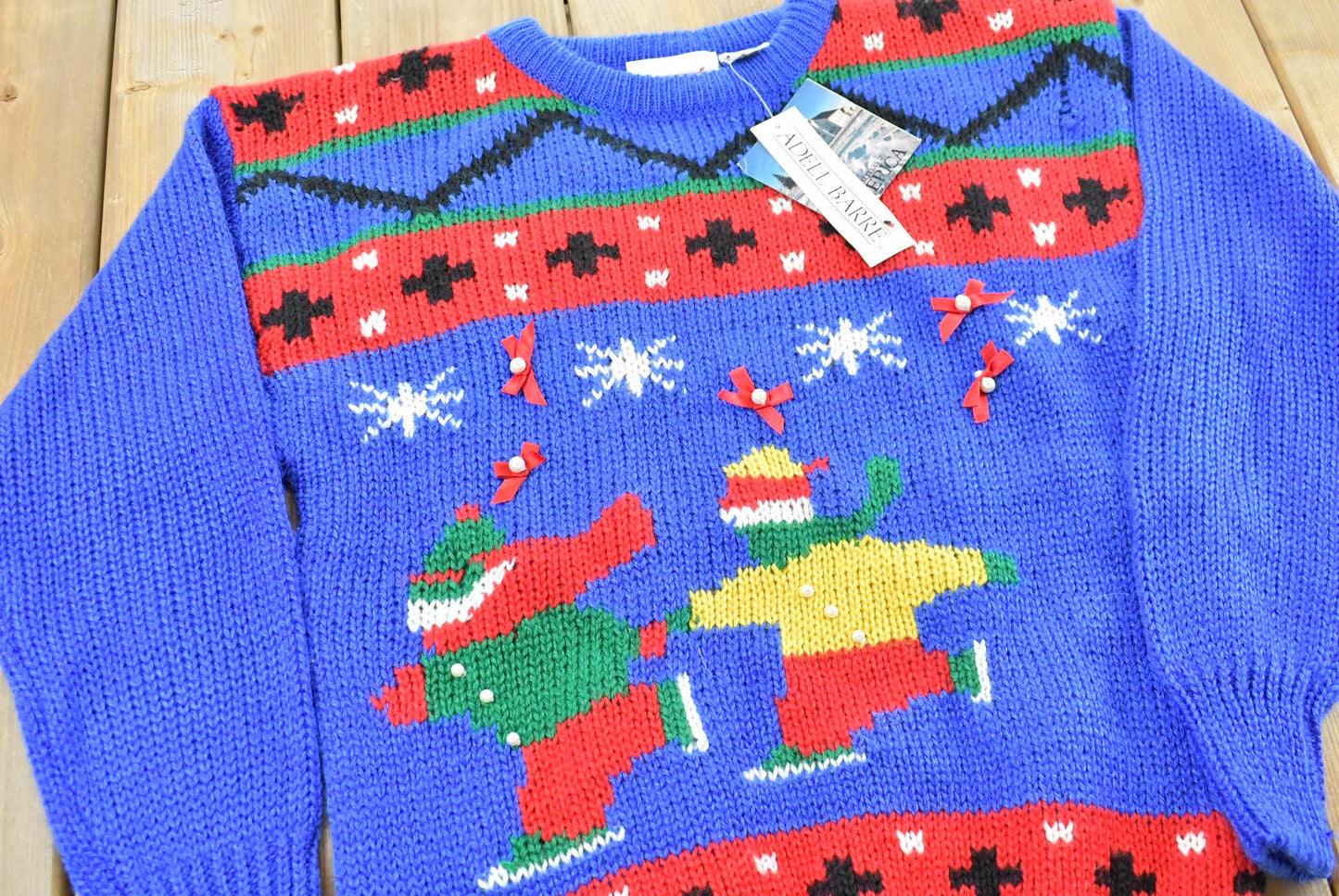 Vintage 1980s Deadstock Adell Barre Ice Skating Knit Ugly Christmas Sweater Men's S