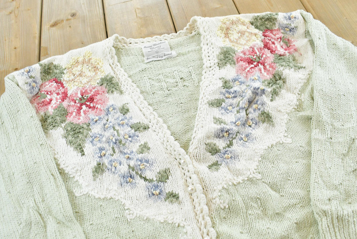 Vintage 1990s Marisa Christina Floral Embroidered Hand Knit Button Up Cardigan Sweater Women's XL