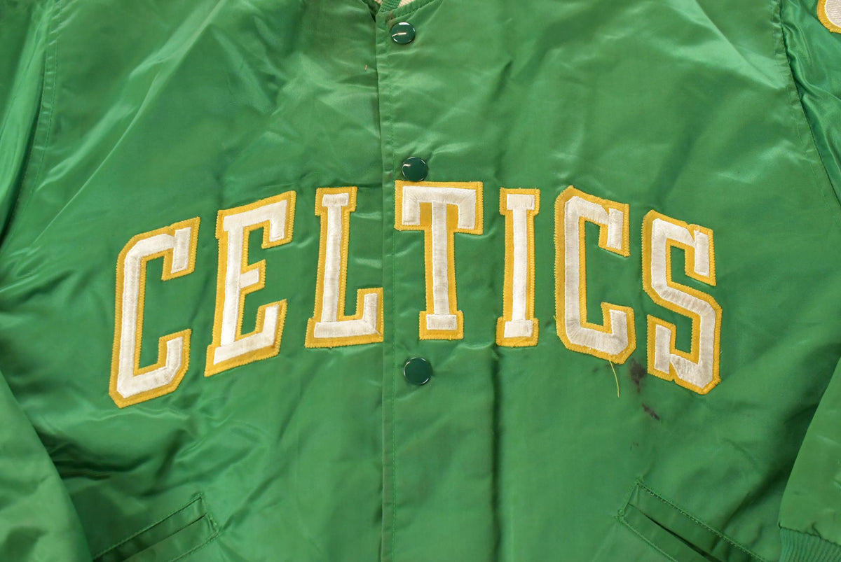 Vintage 1980s Boston Celtics NBA Embroidered Snap Button Satin Bomber Jacket Men's Large