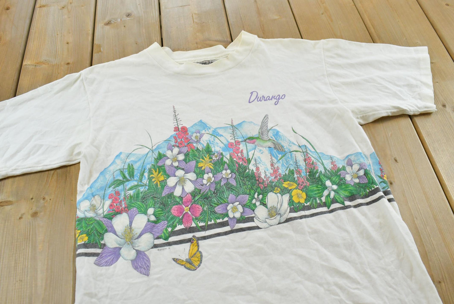 Vintage 1991 Habitat Durango Butterfly Garden Wraparound Graphic T-Shirt Men's M