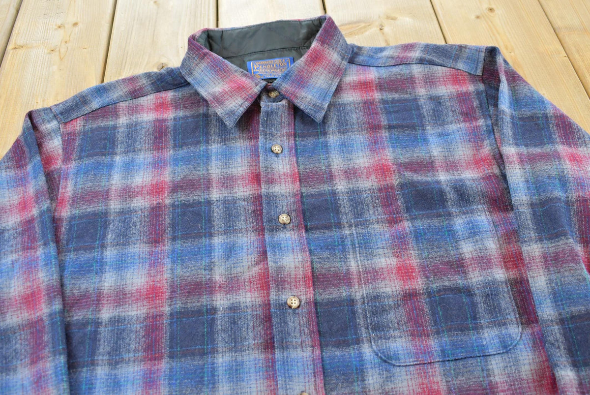 Vintage 1980s Pendleton Wool Plaid Flannel Button Up Shirt Men's L