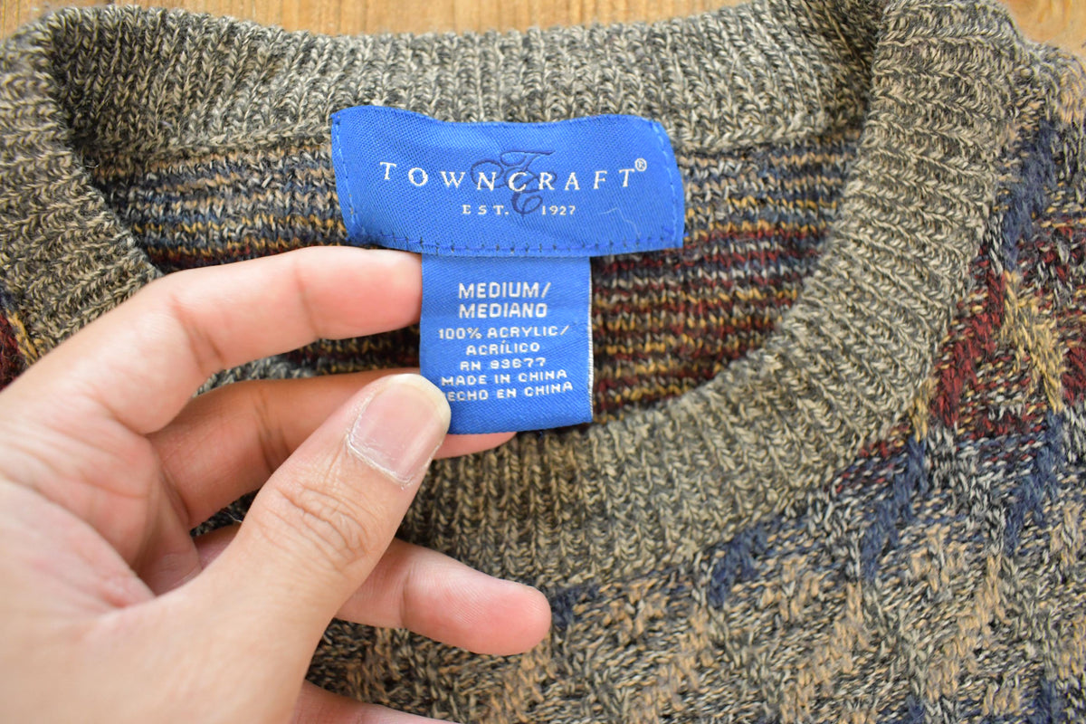 Vintage 1990s Towncraft Knit Geometric Pattern Crewneck Sweater Mens L