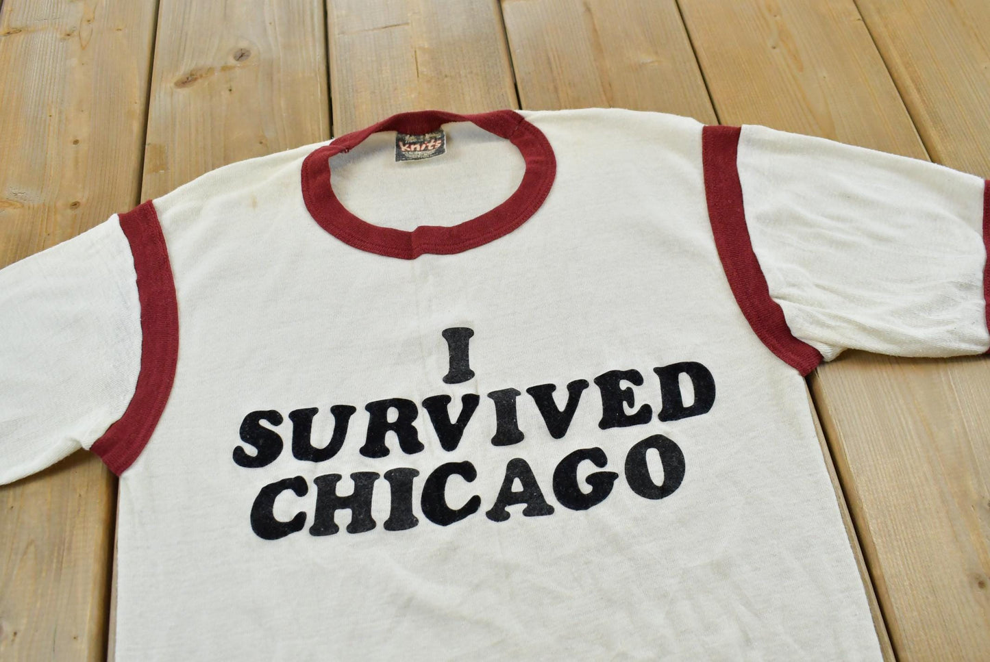 Vintage 1980s I Survived Chicago Funny Parody Souvenir Ringer T-Shirt Men's S