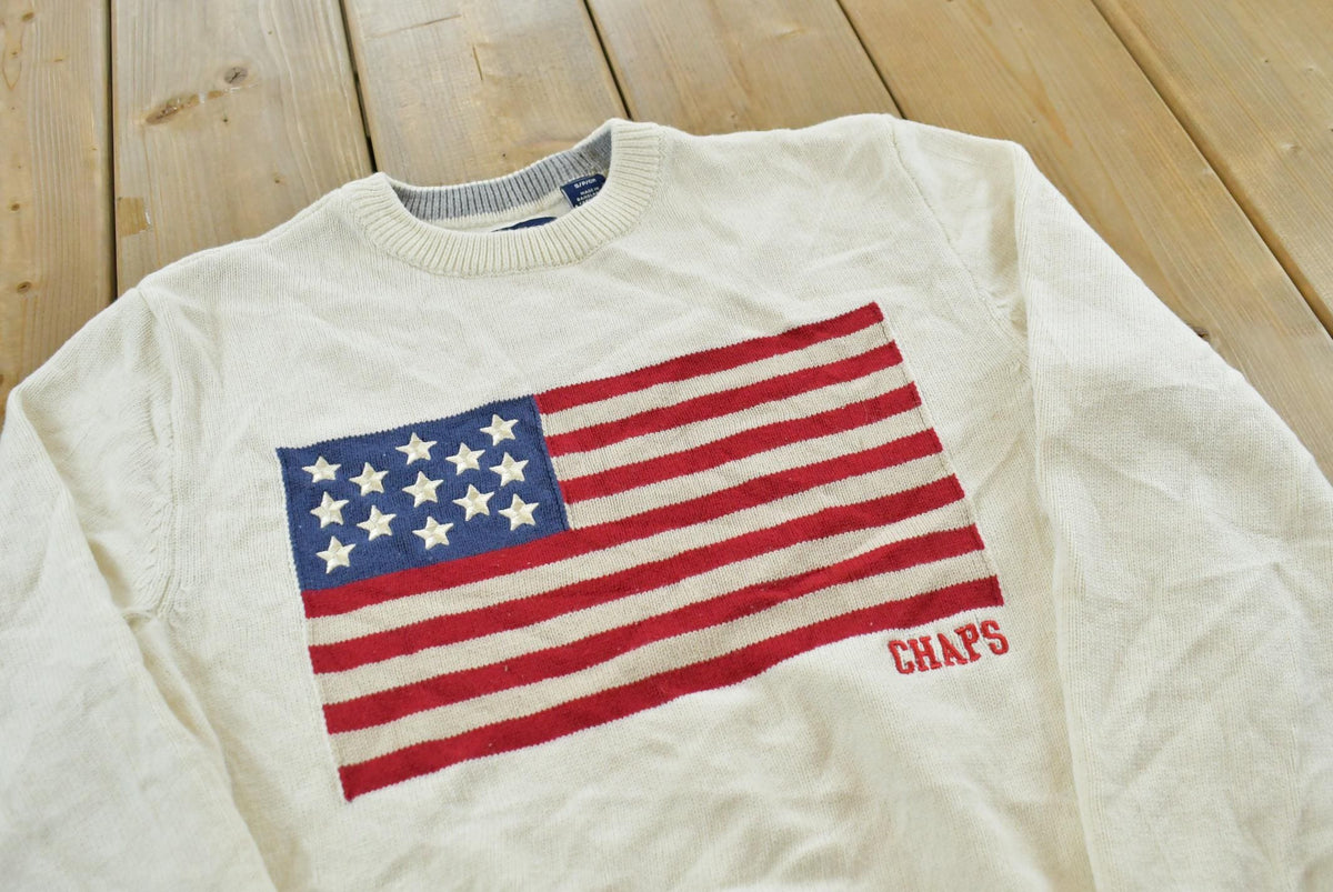 Vintage 2000s Chaps Ralph Lauren American Flag Embroidered Cotton Knit Sweater Men's S