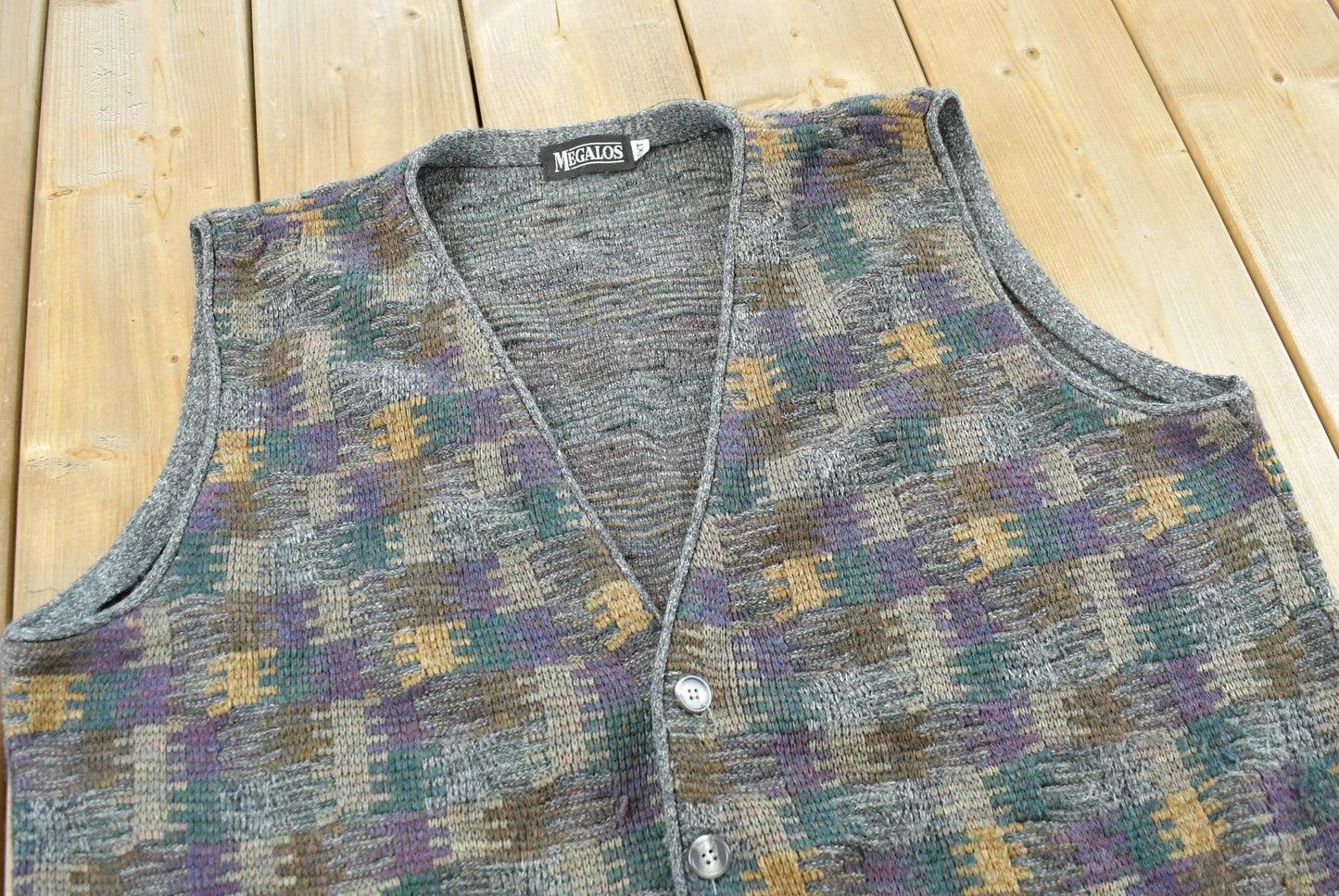 Vintage 1990s Megalos Patterned Knit Button Up Sweater Vest Men's XL