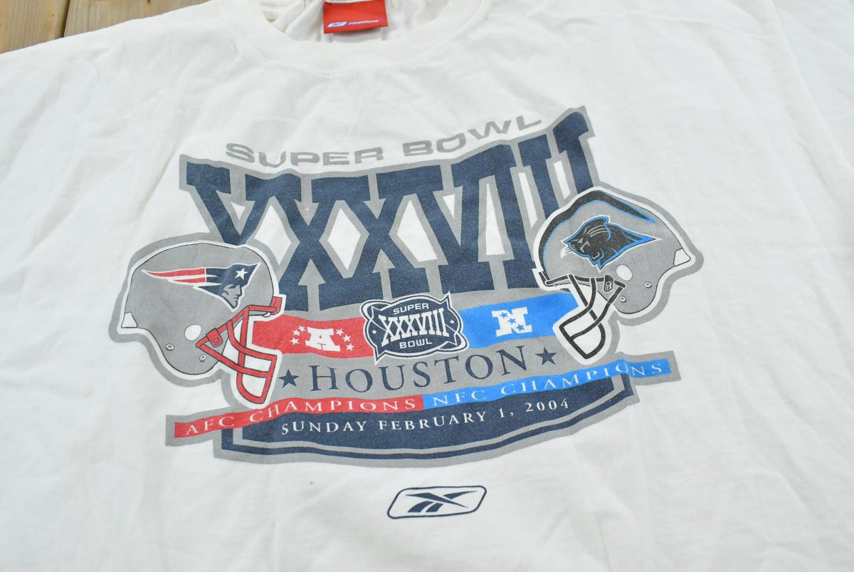 Vintage 2004 Reebok New England Patriots Carolina Panthers Super Bowl 38 NFL Football T-Shirt Men's 2XL