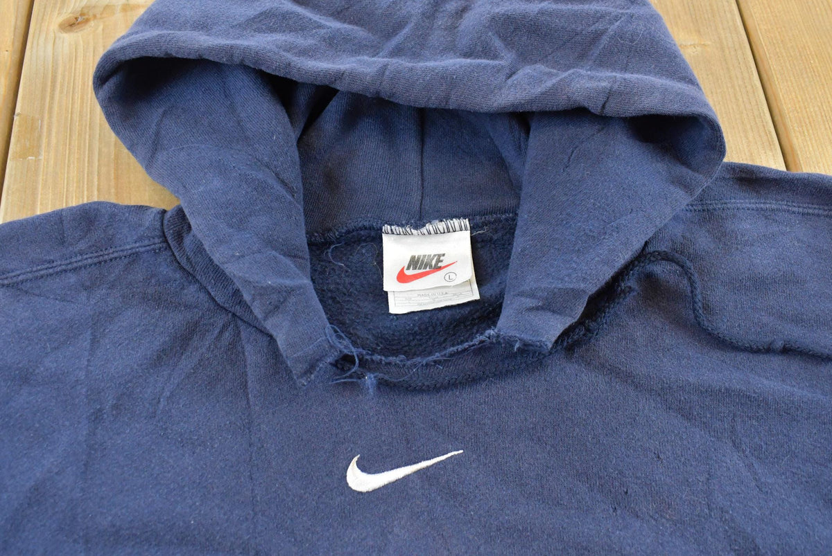Vintage 1990s Distressed Nike Middle Mini Swoosh Embroidered Center Check Hoodie Sweatshirt Men's L
