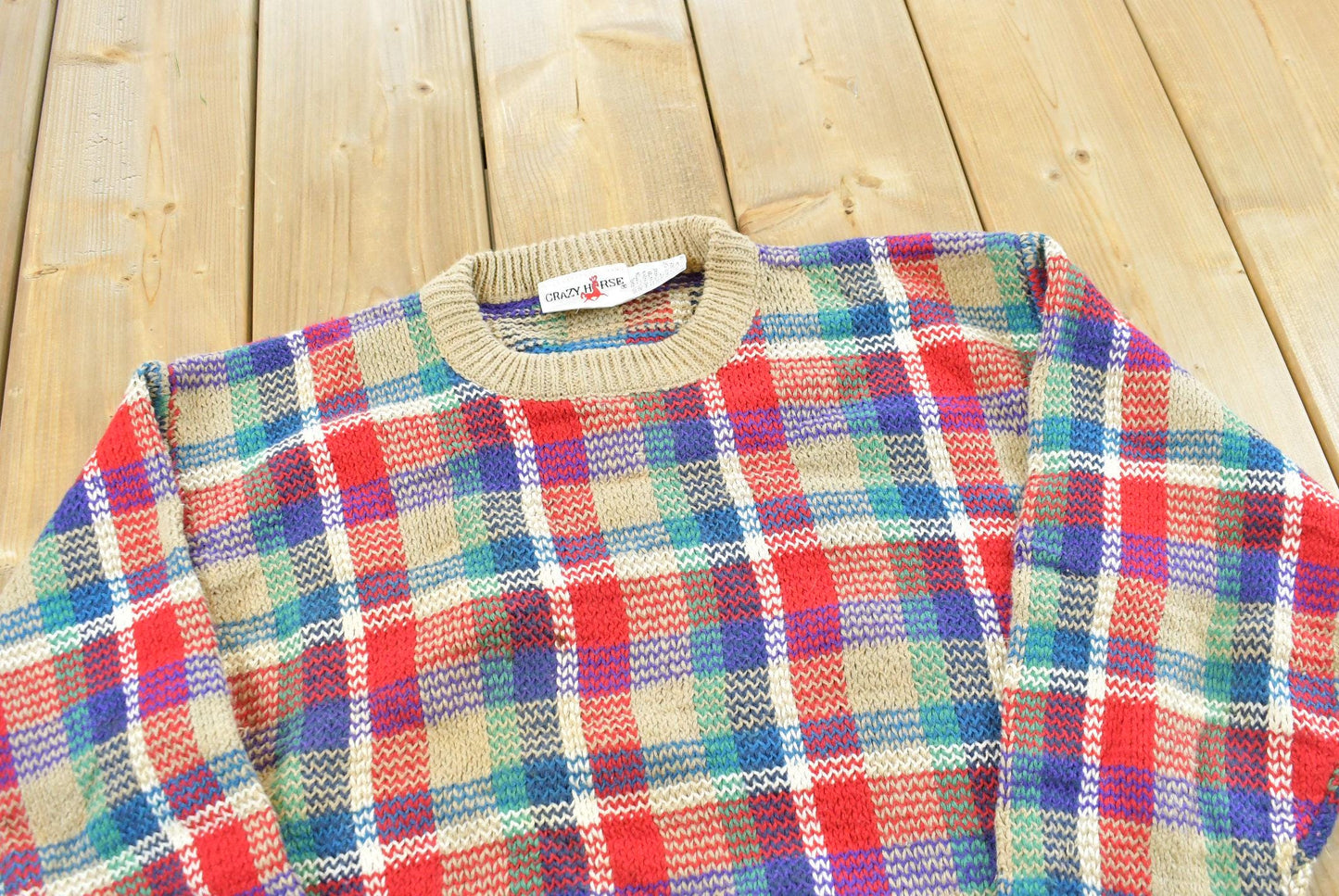 Vintage 1980s Crazy Horse Knit Plaid Crewneck Sweater Men's XS