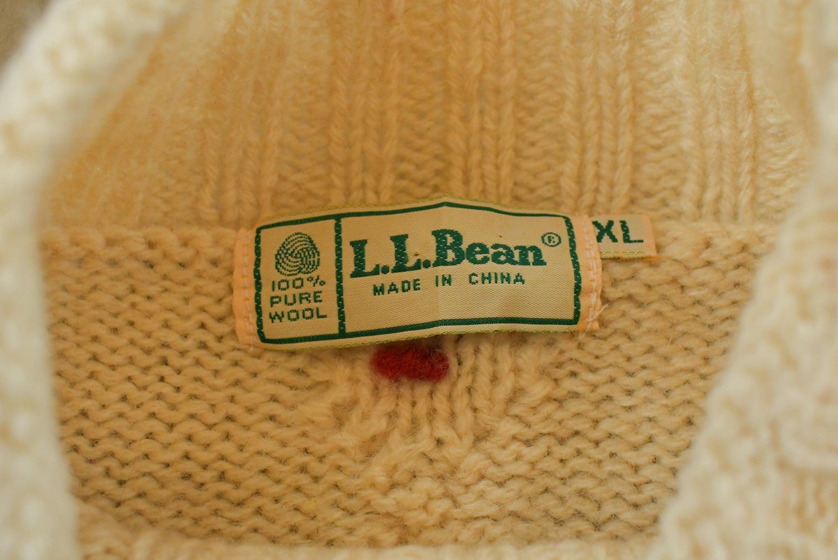Vintage 1990s LL Bean Floral Pattern Embroidered Cable Knit Wool Sweater Men's XL