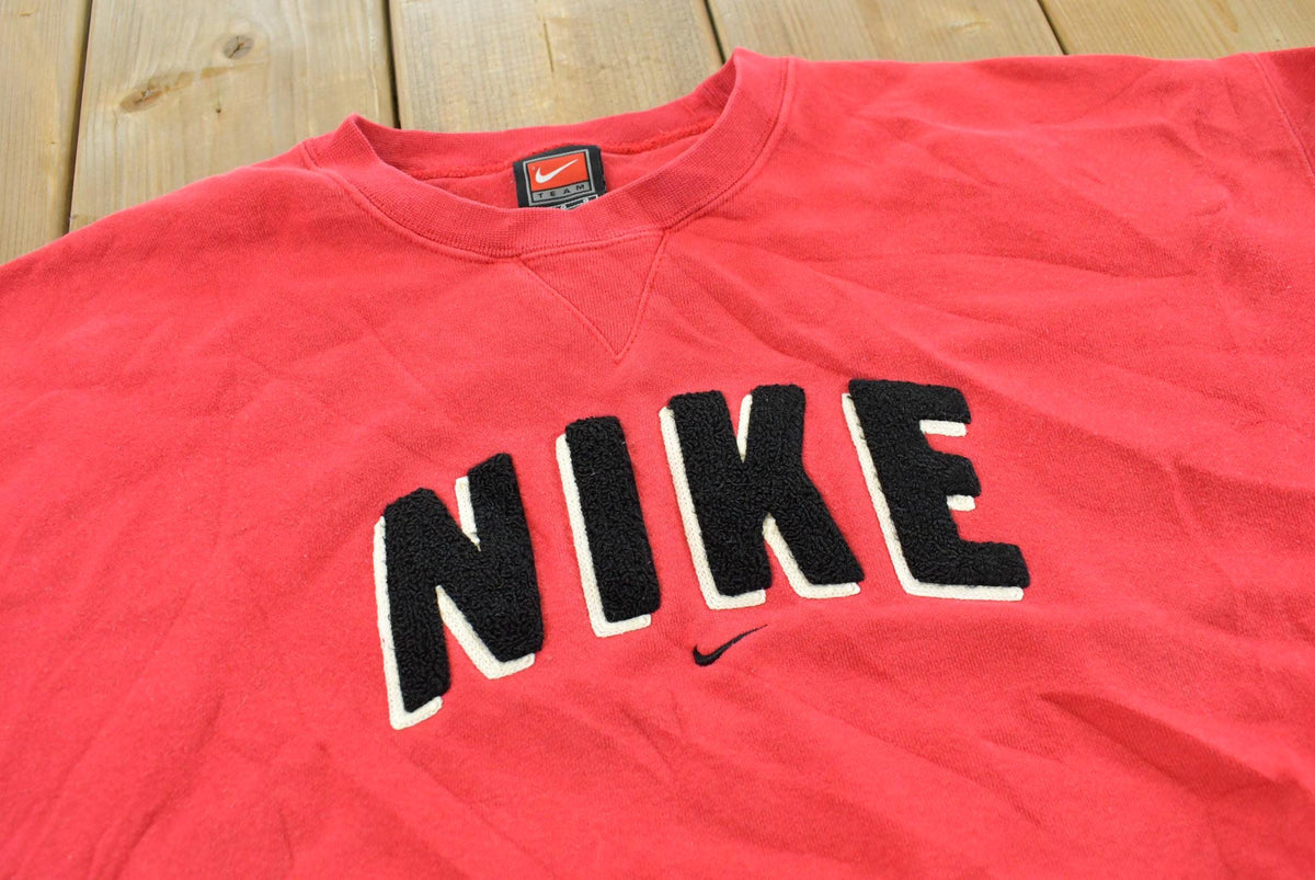 Vintage 1990s Nike Team Center Swoosh Chenille Spellout Patch Crewneck Sweater Men's 2XL