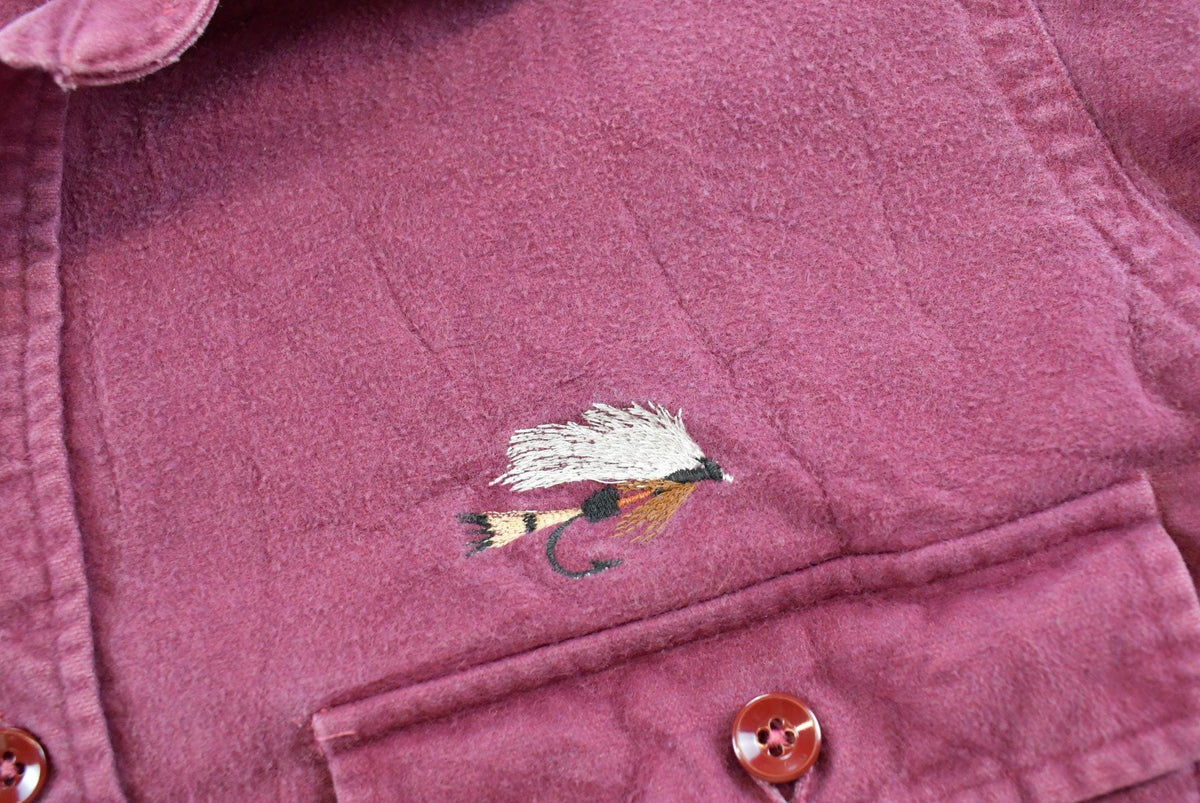 Vintage 1990s L.L. Bean Maroon Chamois Cloth Embroidered Fly Fishing Button Up Shirt Men's L
