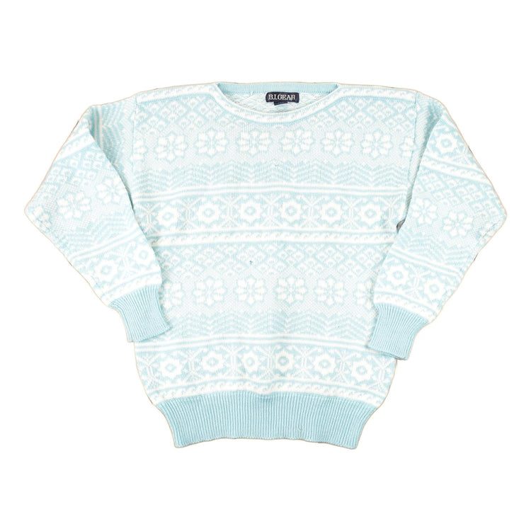Vintage 1980s B I Gear Abstract Winter Blue Knit Crewneck Sweater Women's S