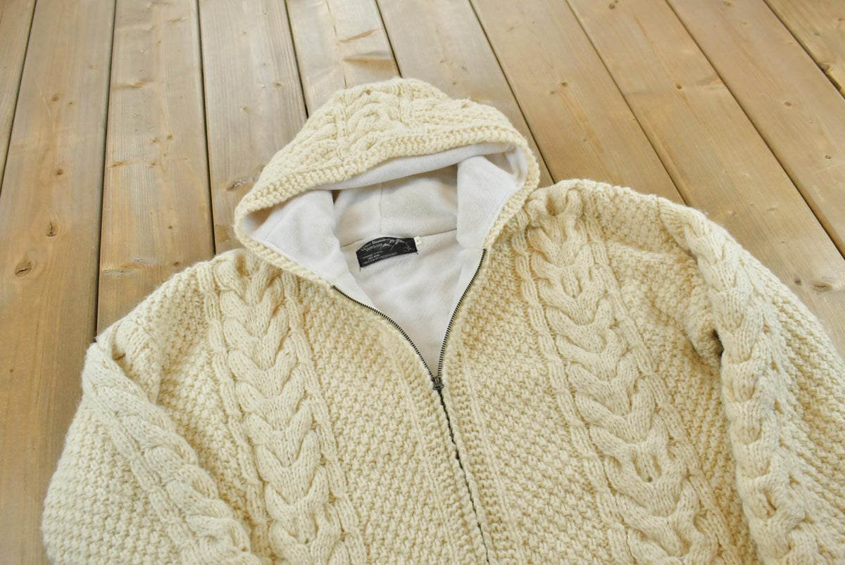 Vintage 1990s Great Northern Woolens 3D Cable Knit Hand Made Zip Up Fleece Lined Hoodie Sweatshirt Men's L