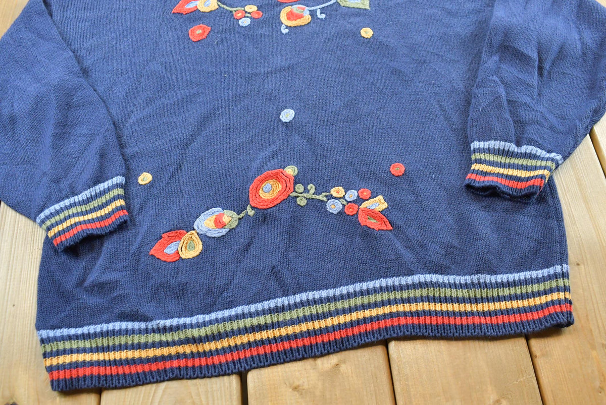 Vintage 1990s DK Gold Floral Pattern Cotton Knit Sweater Women's XL