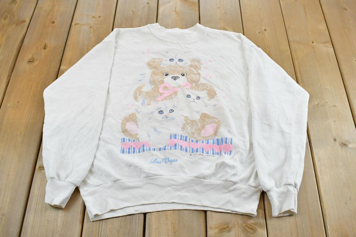 Vintage 1980s Cute Cat Teddy Bear Graphic Crewneck Sweatshirt Women's L / Made In USA / 80s Cartoon Kitten Sweater