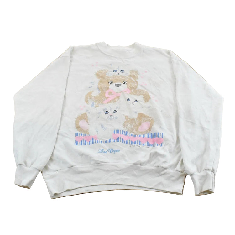 Vintage 1980s Cute Cat Teddy Bear Graphic Crewneck Sweatshirt Women's L