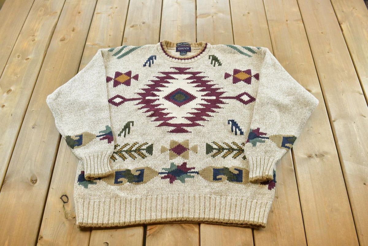 Vintage 1990s Gant Aztec Southwest Cotton Knit Crewneck Pullover Sweater Men's L / 90s Streetwear / Chunky Sweatshirt