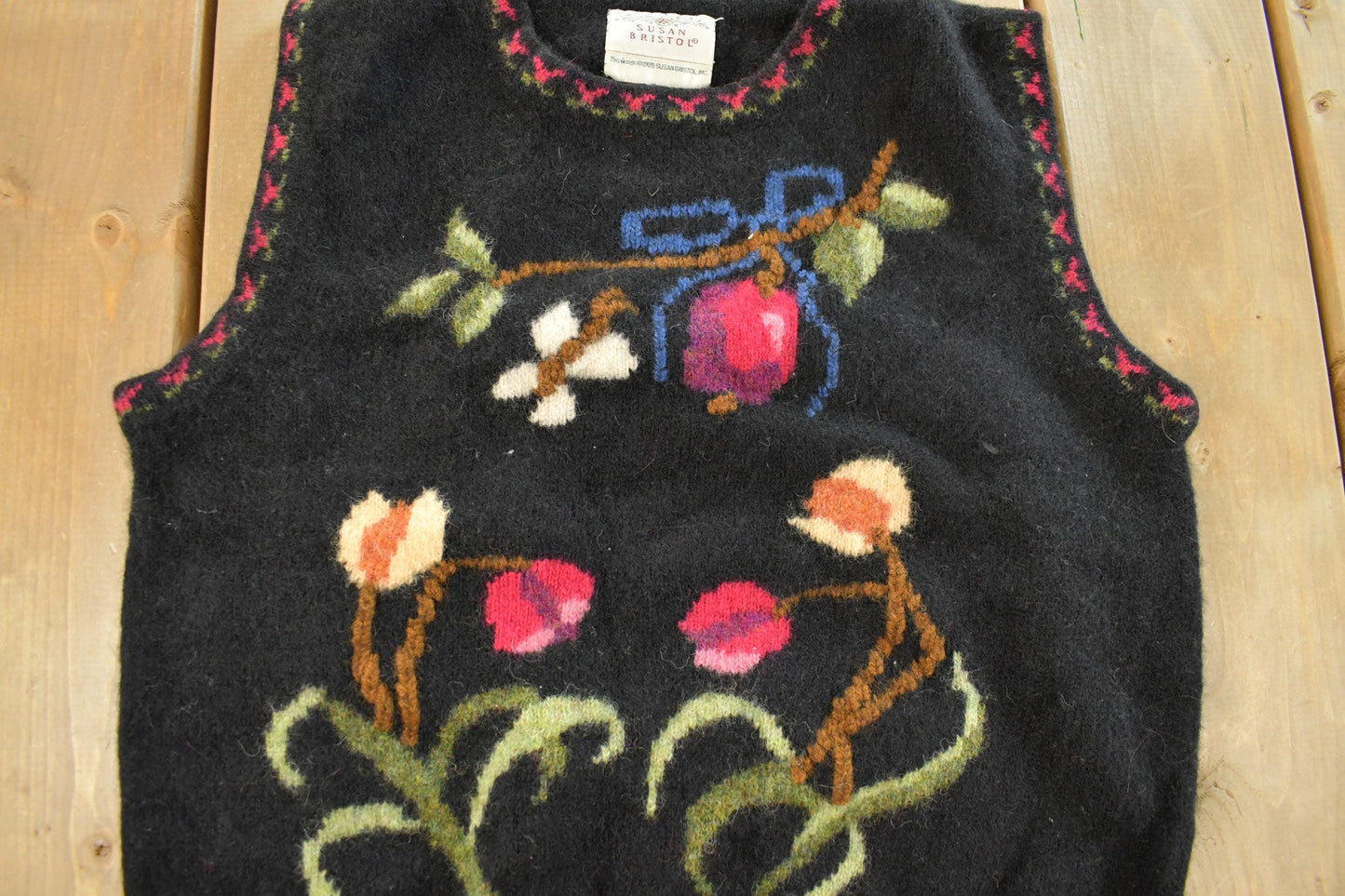 Vintage 1989 Susan Bristol Wool Knit Floral Sweater Vest Women's XS
