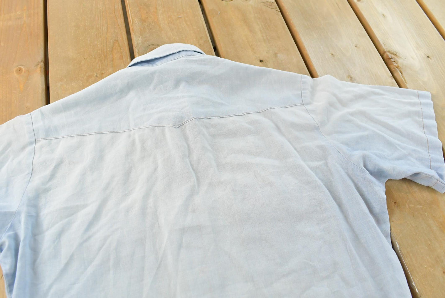 Vintage 1980s Wrangler Denim South Western Style Pearl Snap Button Up Chambray Short Sleeve Shirt Mens M