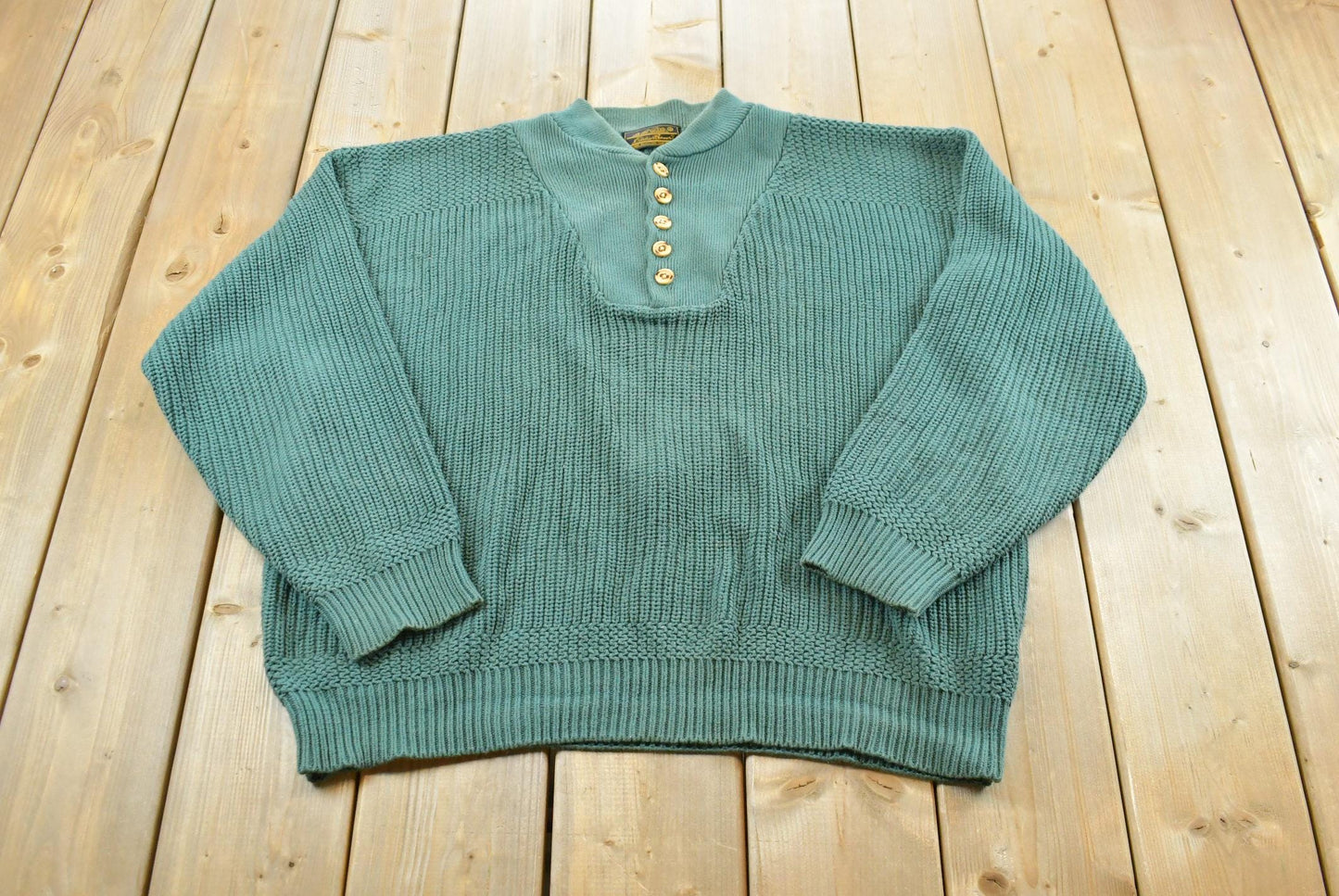 Vintage 1990s Eddie Bauer Henley Collar Quarter Button Cotton Knit Sweater Men's L / 90s Streetwear / Layering