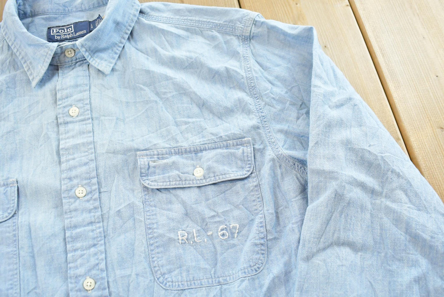 Vintage 1990s Polo Ralph Lauren Chambray RL Quality Goods American Flag Embroidered Button Down Shirt Men's L