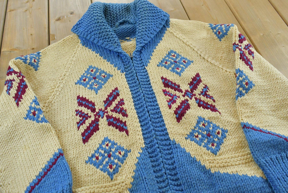 True Vintage 1960s Cowichan Pueblo Hand Knit Wool Shawl Collar Full Zip Sweater Men's S