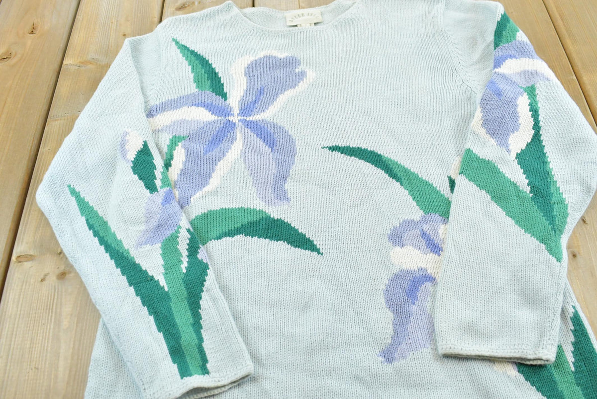 Vintage 1990s Belle Isle Cotton Ramie Knit Flowers Sweater Women's M