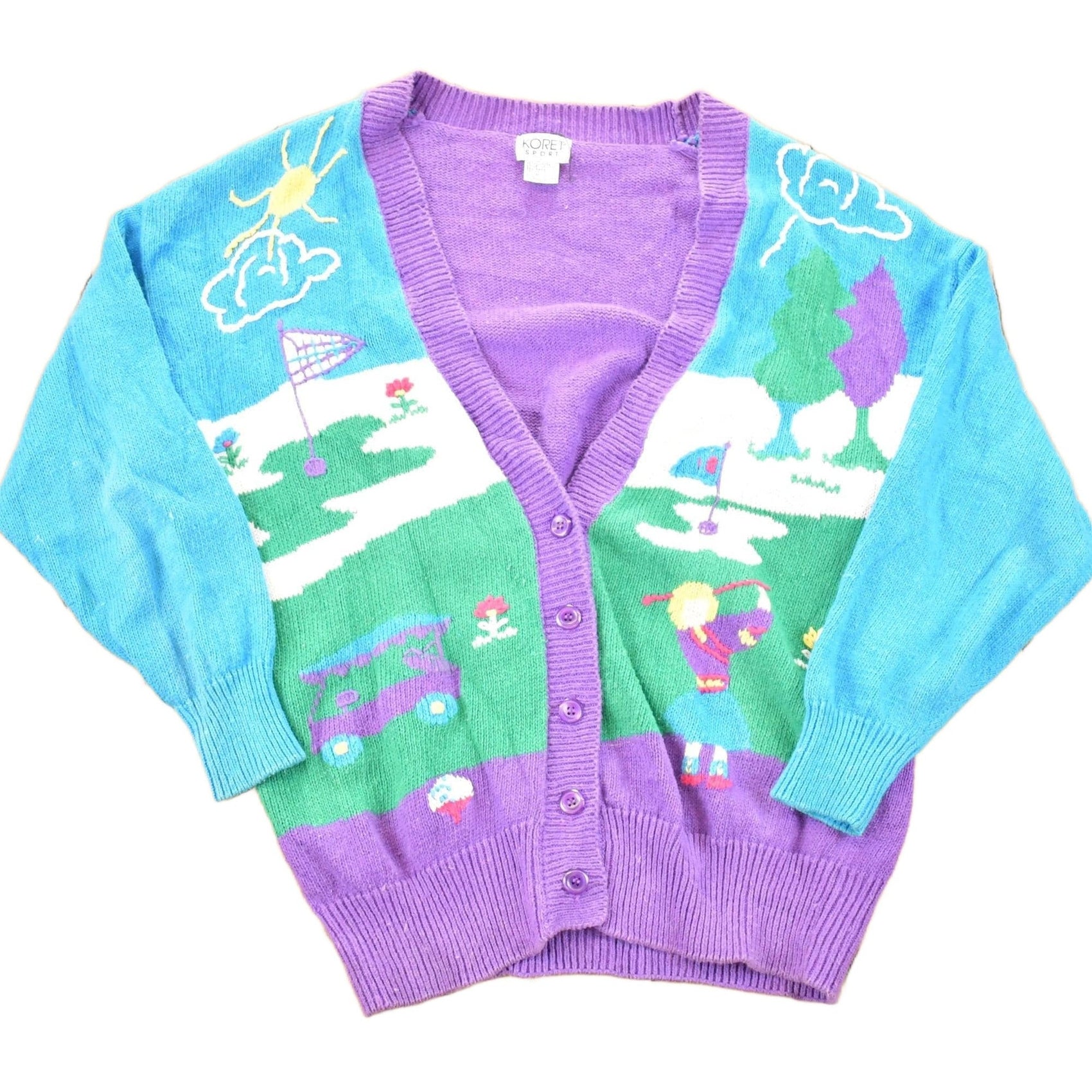 Vintage 1990s Koret Sport AOP Golfing Abstract Knit Cardigan Sweater Women's M