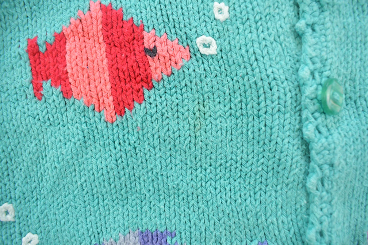 Vintage 1990s Rey Wear Fish Embroidered Knit Cardigan Sweater Youth XS