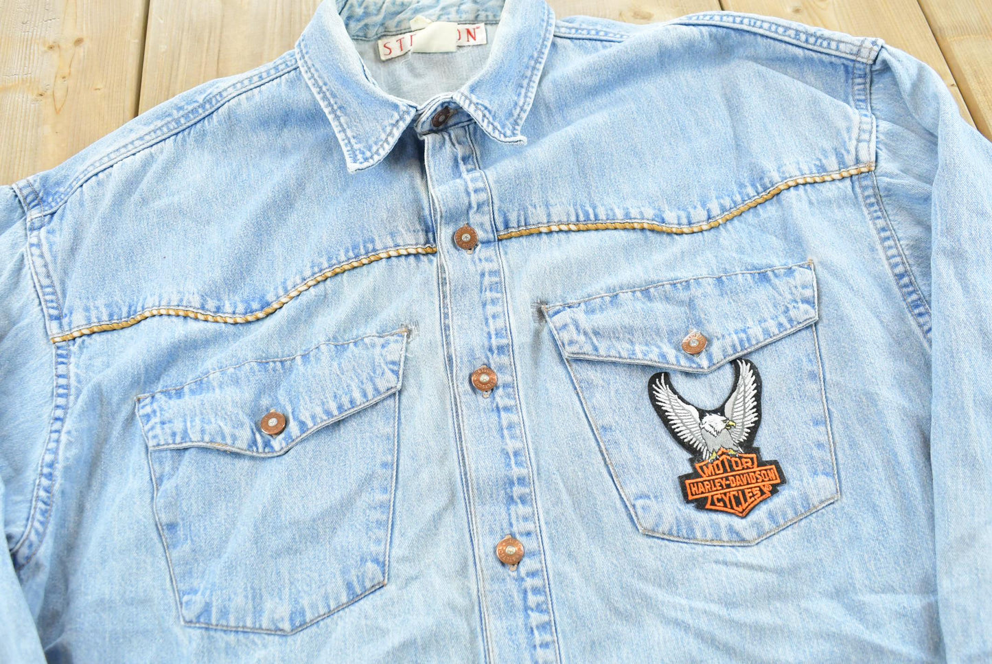 Vintage 1990s Stetson Harley Davidson Embroidered Button Up Denim Shirt Men's L
