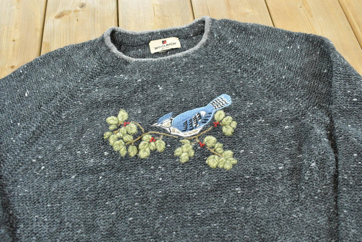 Vintage 1990s Woolrich Embroidered Blue Jay Bird Knit Sweater Women's L