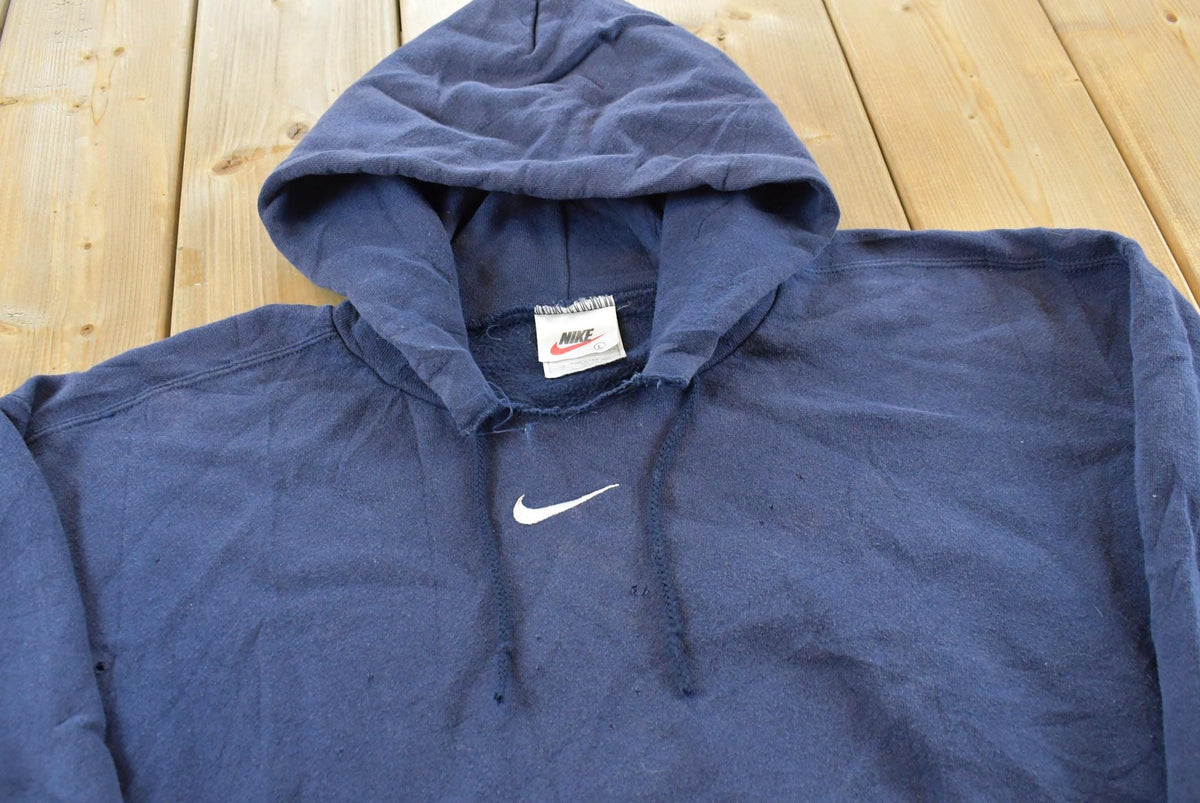 Vintage 1990s Distressed Nike Middle Mini Swoosh Embroidered Center Check Hoodie Sweatshirt Men's L