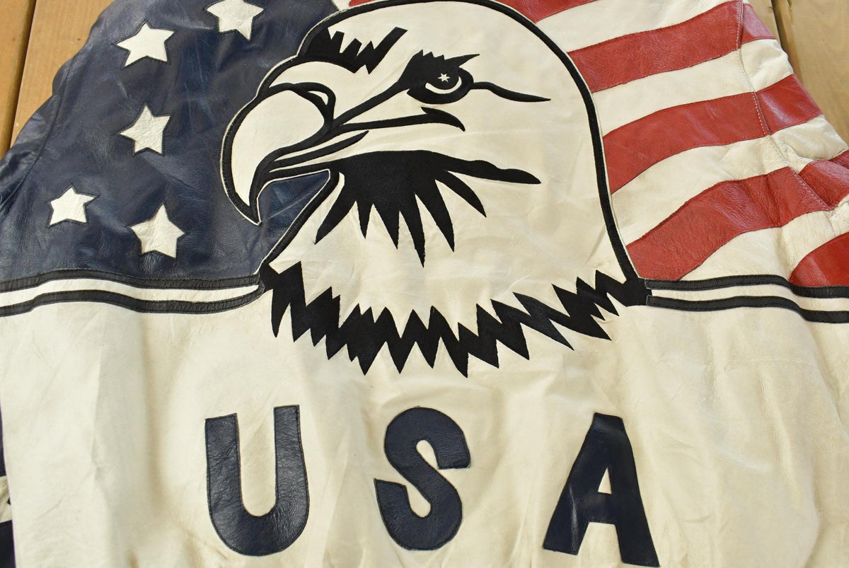 Vintage 1990s Leather World By Lucky Leather American Flag USA Leather Jacket Men's 2XL