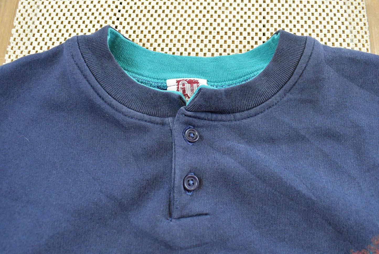 Vintage 1990s Water Wheel Forest All Over Print Quarter Button Sweater Men's XL