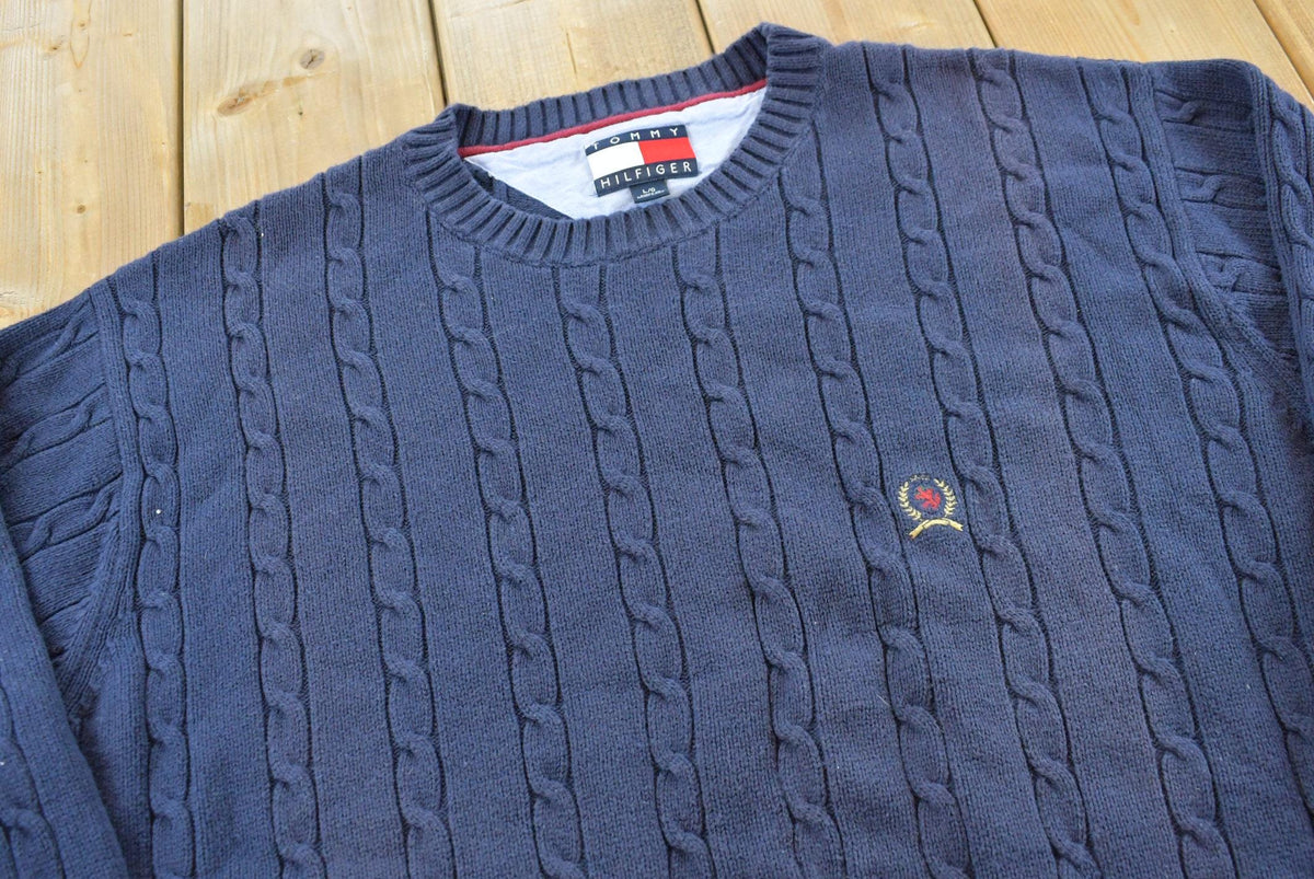 Vintage 1990s Tommy Hilfiger 3D Cotton Cable Knit Crest Logo Crewneck Sweater Men's L