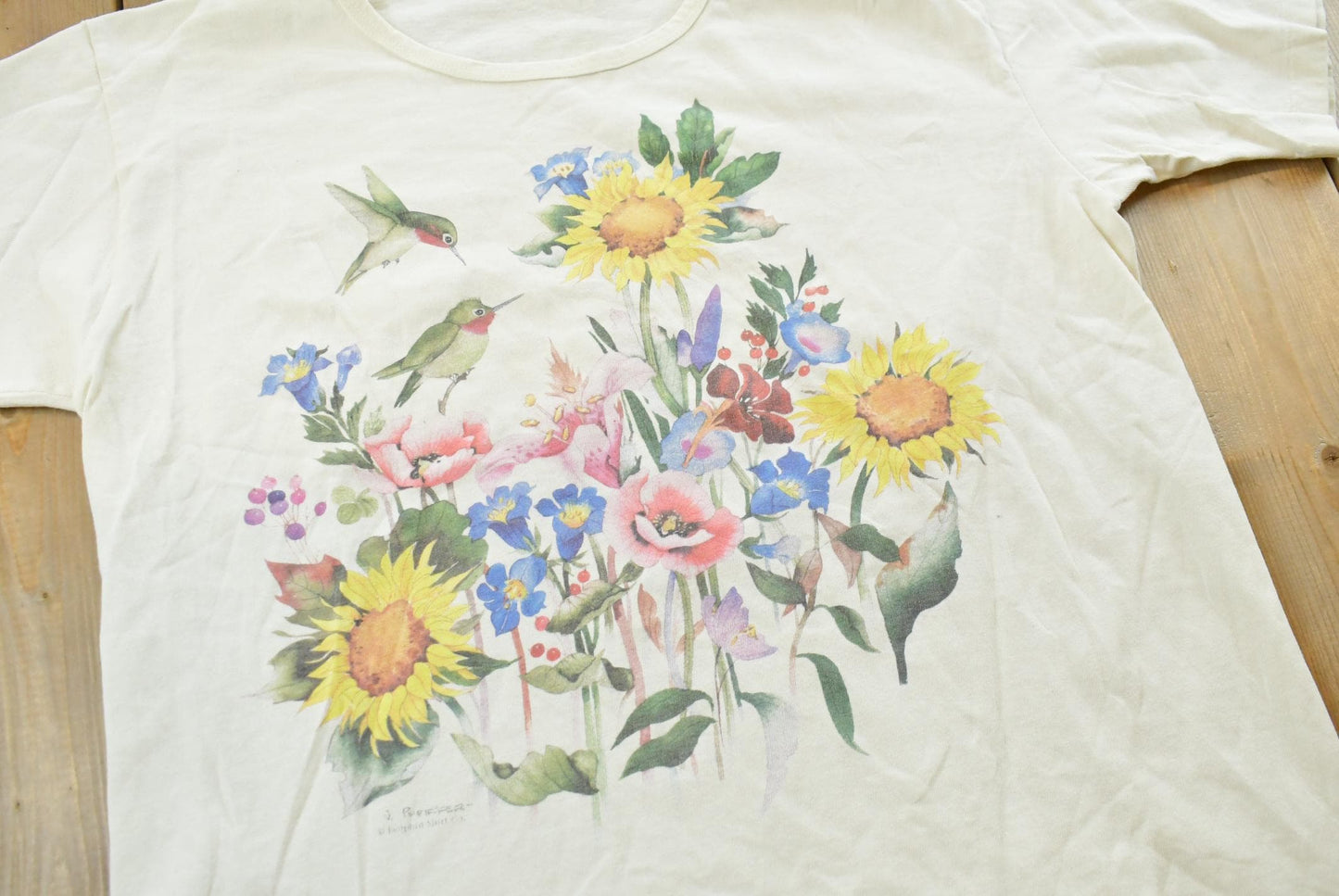Vintage 1990s Flowers Floral Hummingbird T-Shirt Mens S
