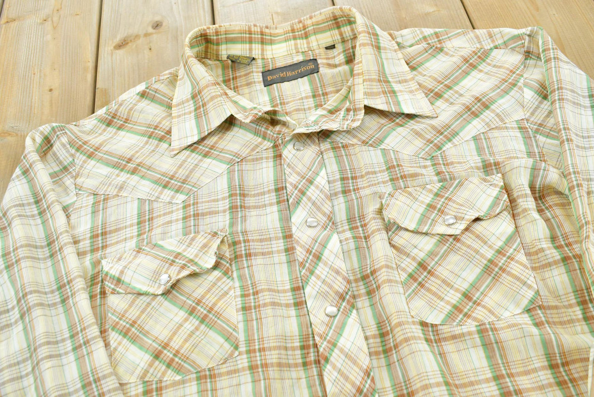 Vintage 1980s David Harrison Plaid Snaps Button Up Western Shirt Men's XL