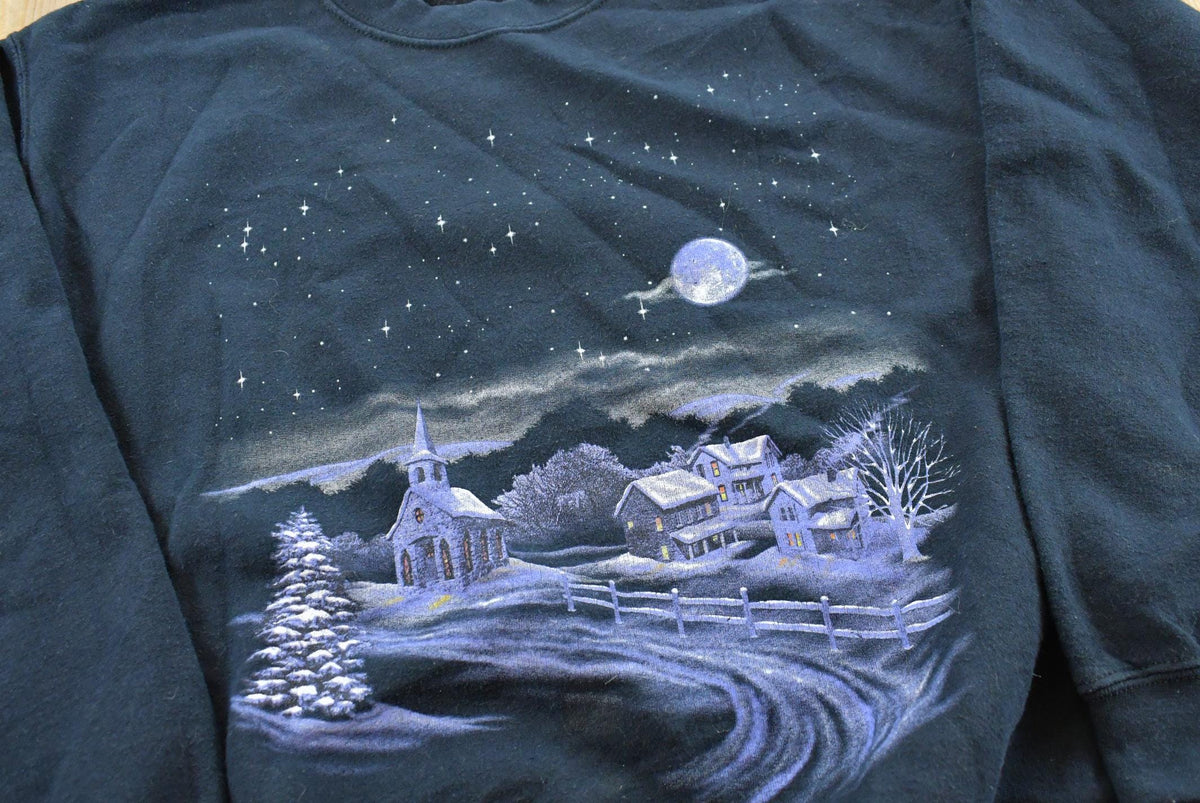 Vintage 1990s Snowy Winter Town Scene Graphic Crewneck Sweatshirt Men's M
