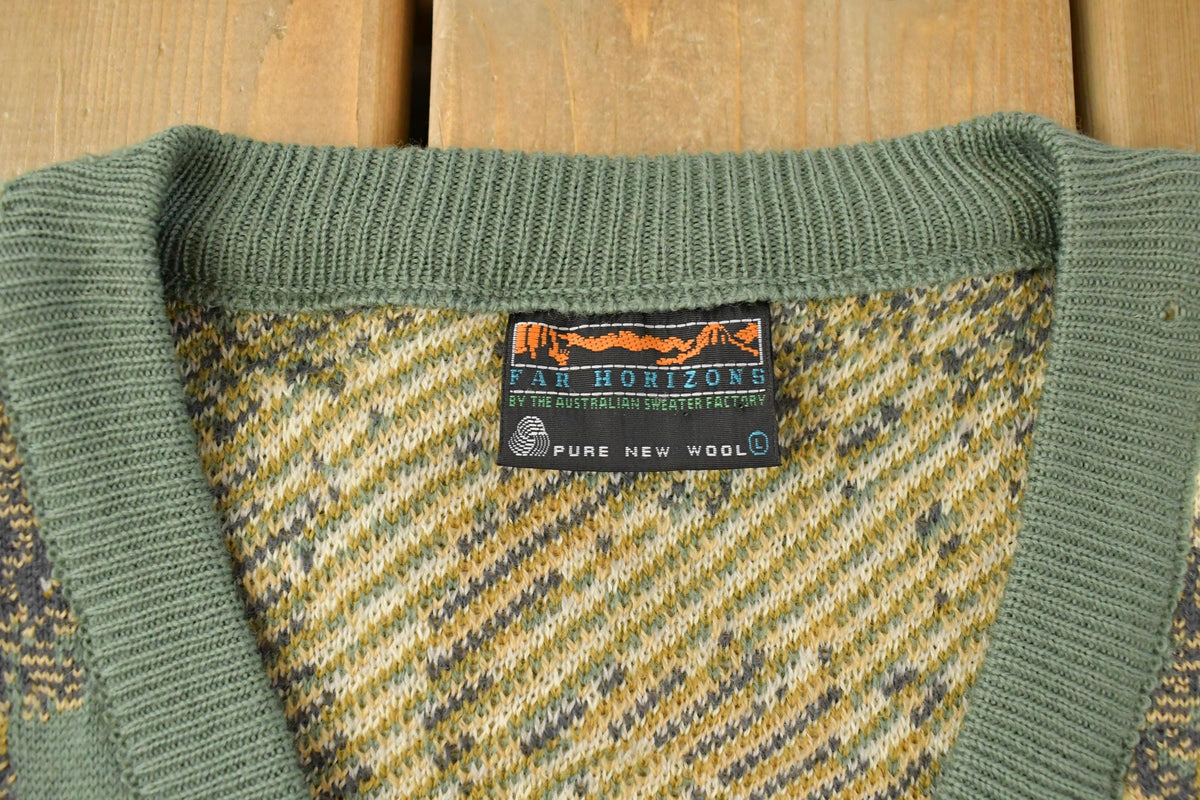 Vintage 1990s Far Horizons Wool Knit Abstract Pattern V Neck Sweater Men's Large