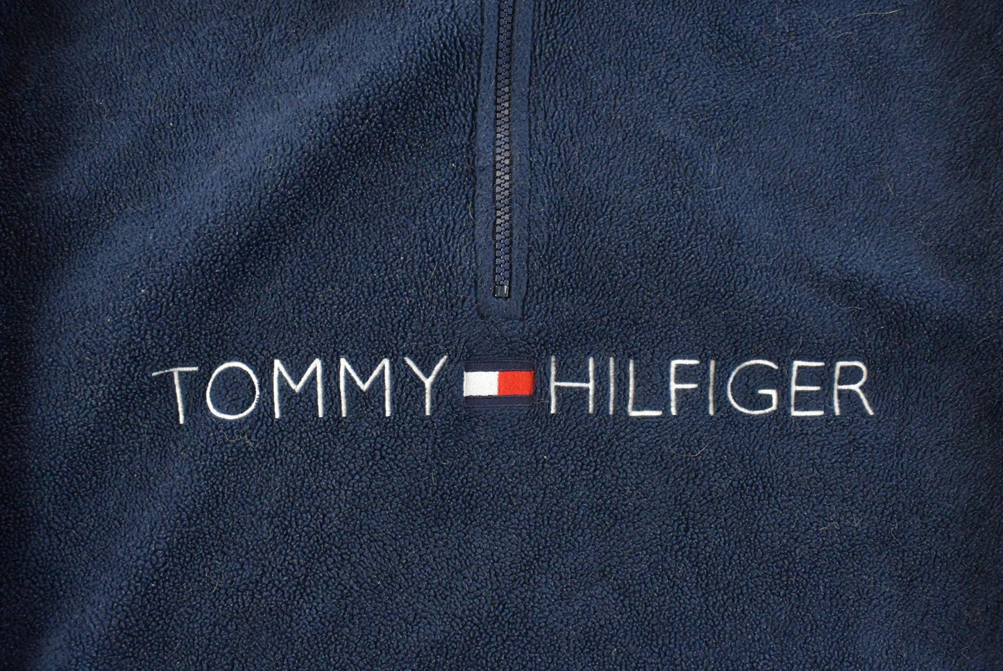 Vintage 1990s Tommy Hilfiger Flag Spellout Quarter Zip Fleece Sweater Men's S