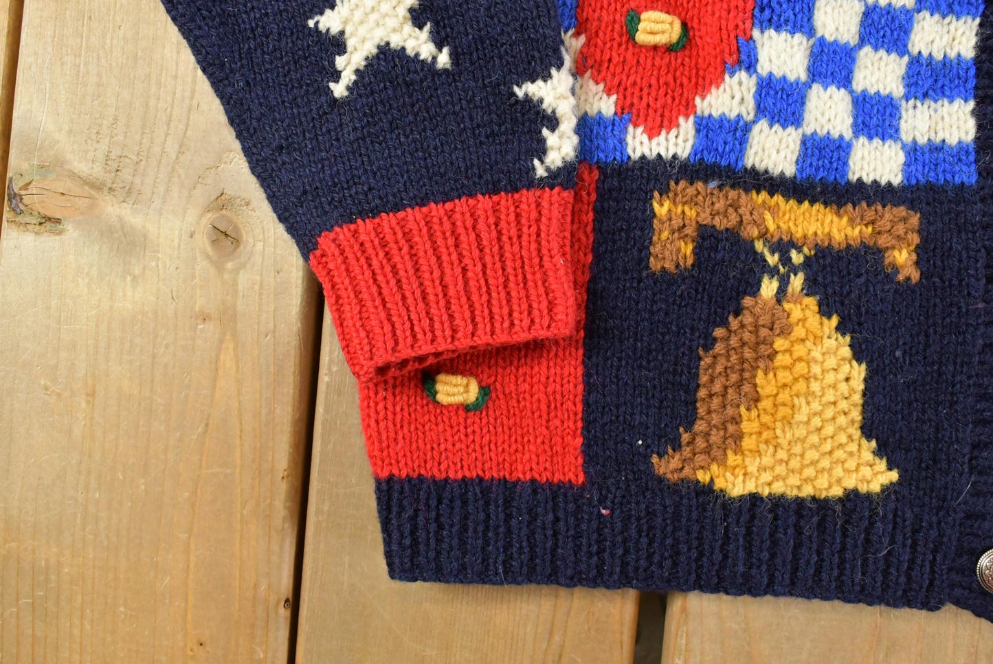 Vintage 1990s Eagles Eye 100% Wool American Flag Granny Square Patchwork Hand Knit Cardigan Sweater Women's M