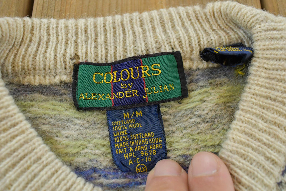 Vintage 1990s Colours Alexander Julian Knit Shetland Wool Argyle Crewneck Sweater Men's S / 90s Knitted Sweatshirt / Made in Hong Kong