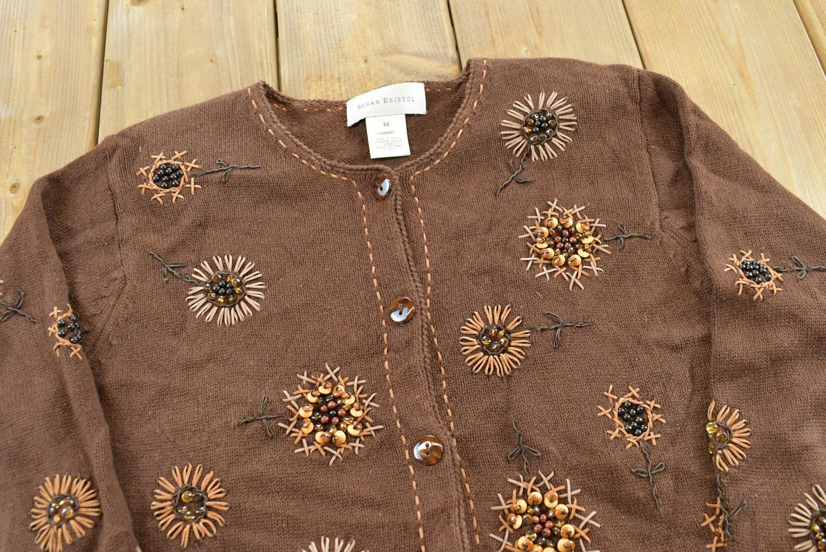 Vintage 2000 Susan Bristol Floral Embroidered Knit Cardigan Sweater Women's M