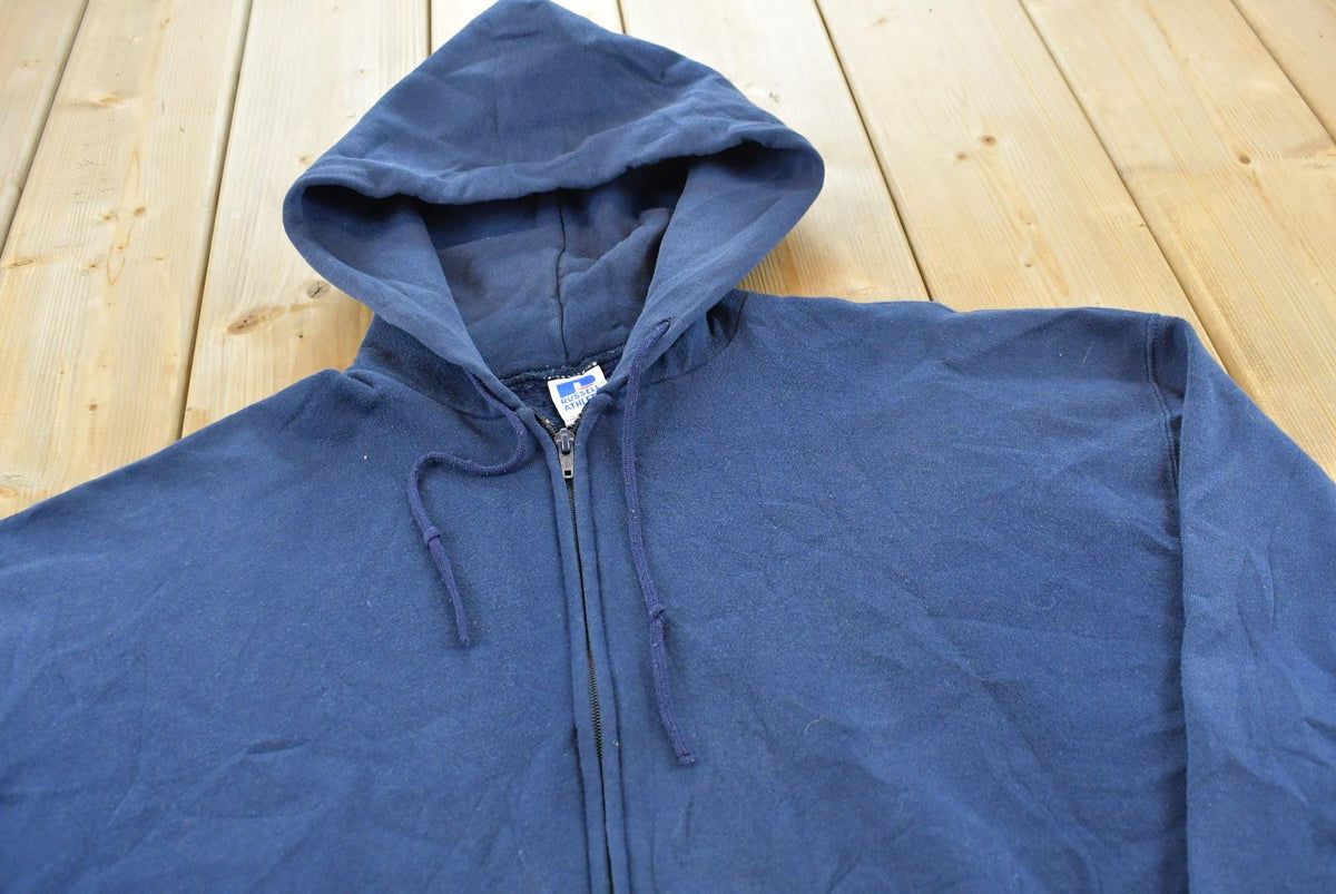 Vintage 1990s Russell Athletic Blank Blue Zip-Up Hoodie Sweatshirt Men's L