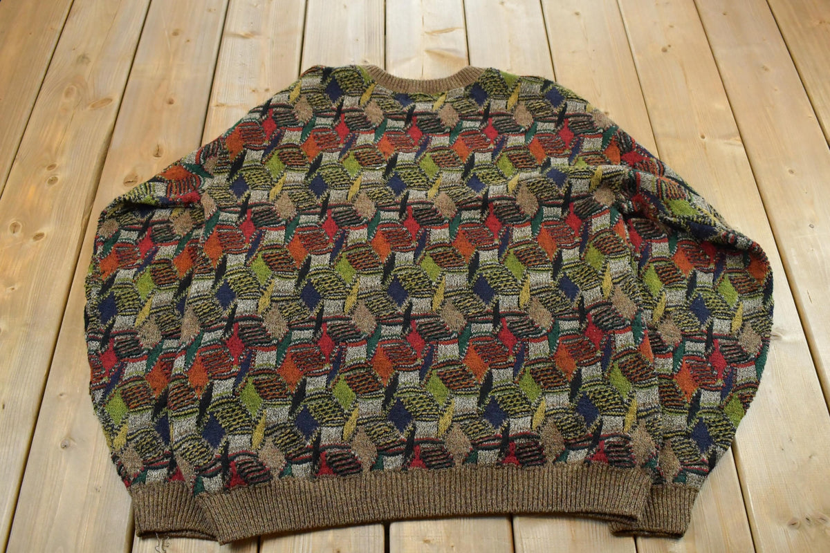 Vintage 1990s Protégé Abstract Knit Crewneck Sweater Men's XL Tall / Vintage 90s Crewneck / Funky Patterns / Made in USA
