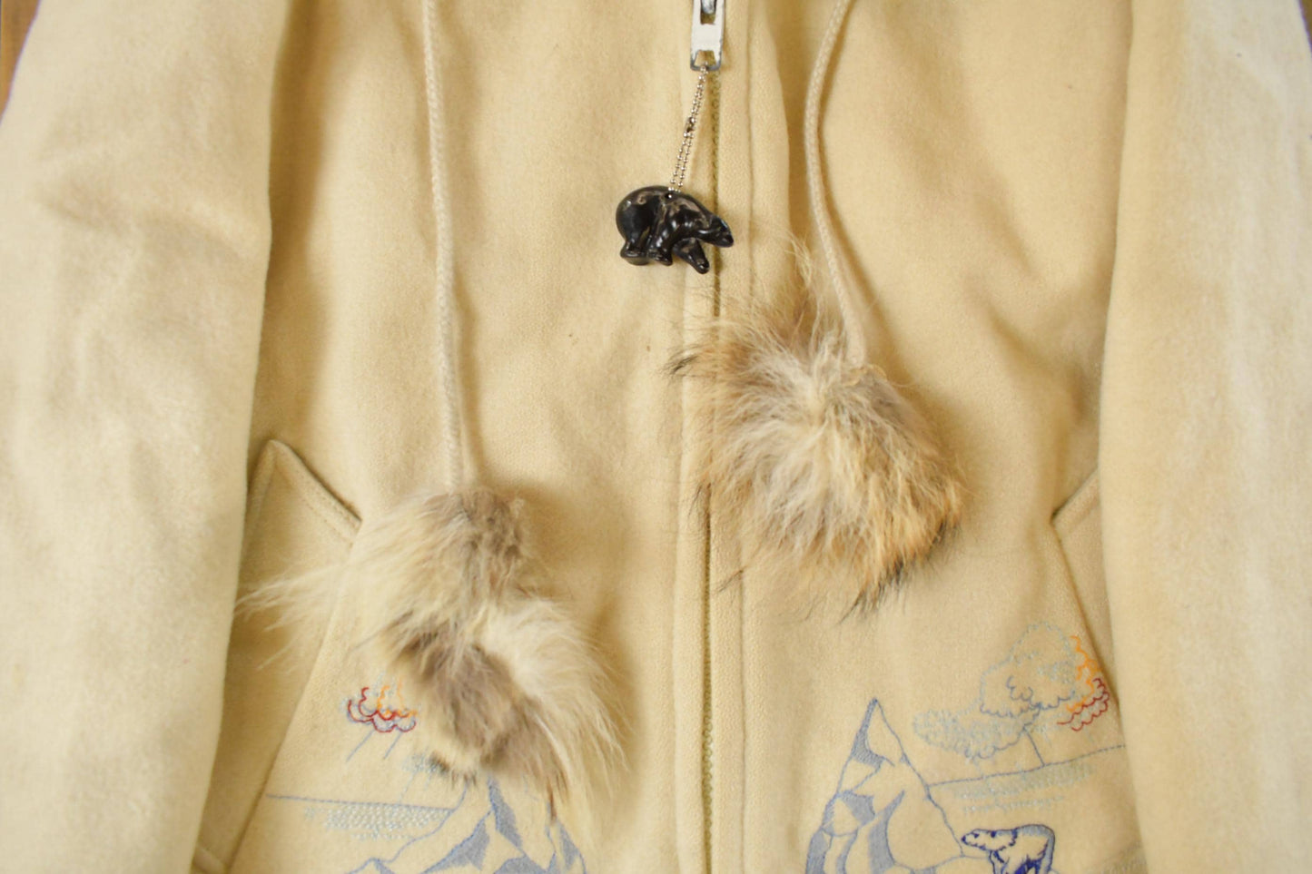 Vintage 1990s Northern Sun Fur Hood Polar Bear Art Wool Jacket Women's M